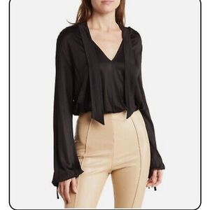 All Saints Penelope Tie Neck Bodysuit Loose Fit V-Neck Long Tie Sleeve Sz 2 NEW